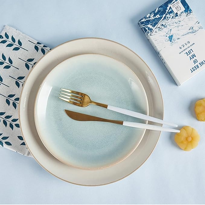 16-Piece Stoneware Dinnerware Set, Dish Set, Tableware Combination Set, Elegant White/Blue Serveware Set Service for 4, Including Dinner Plate, Desert Plate, Cereals Bowl, Mugs