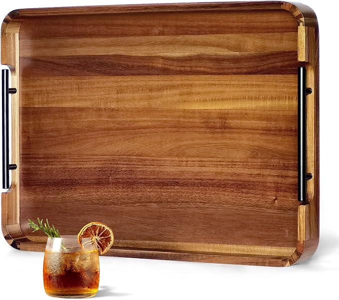 22 x 15.7 Inches Acacia Wood Serving Tray with Metal Handles, Large Rectangular Ottoman Tray with Rounded Corner, Great for Living Room, Coffee Table, Kitchen, Serving Food & Hosting