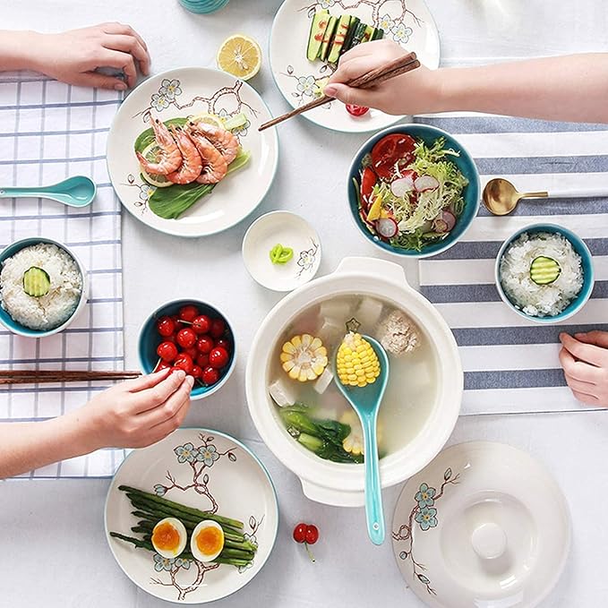 Ceramic 28-Piece kitchenware Set Household Ceramic Dinner Plate Sets Creative Plum Pattern Tableware Dinnerware Sets, Service for 6 Ceramic Dinner Pla