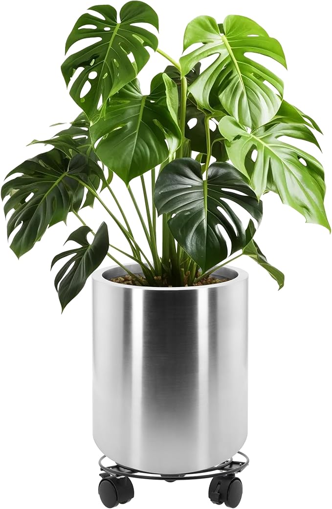 Longrun 11.8 Inch Dia Round Planter, Modern Indoor Outdoor Large Stainless Steel Plant Pot and Plant Caddy with Wheels for Home Patio Garden, Easy to Clean and Move