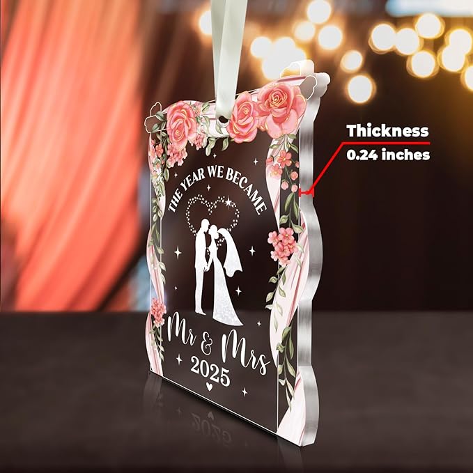 NewEleven Wedding Gifts - Mr and Mrs, Bridal Shower Decorations - Wedding Gifts for Couples 2025, Bride Gift for Friends - Just Married Glass 2025 Ornament