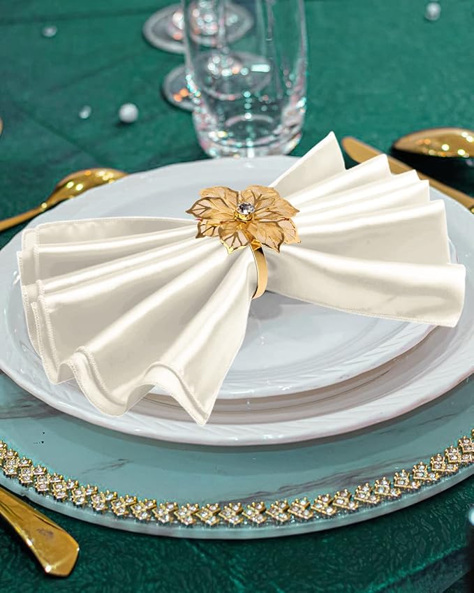 CROWN GUIDE 12 Pack Gold Napkin Rings and Cloth Napkins Set of 6, 17x17 Satin Cocktail Napkins Bulk Table Napkins Holder for Wedding Reception Personalized Napkins Bridal Shower for Party Decorative