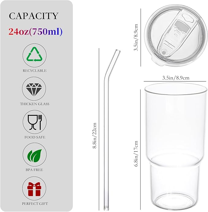 Dingerjar Glass Tumbler with Lid and Straw, High Borosilicate Glass Coffee Cup Smoothie Cups 24 oz/750ml for Hot or Cold Drinks 2 Pack