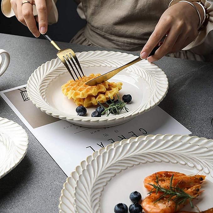 Dinnerware Set Dinner Party Tableware Service Set Ceramics Dinner Sets, 25 Pieces White Glaze Porcelain Dinnerware Set for Wedding Gifts | Retro Relief Cereal Bowl and Steak Plate Set