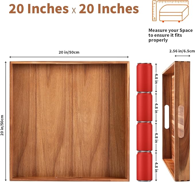 Serving Tray with Handles, 20 Inch Large Square Ottoman Tray Acacia Wood Decorative Tray for Living Room, Ottoman Coffee Table, Kitchen, Appetizers, Breakfast, Patio, Party