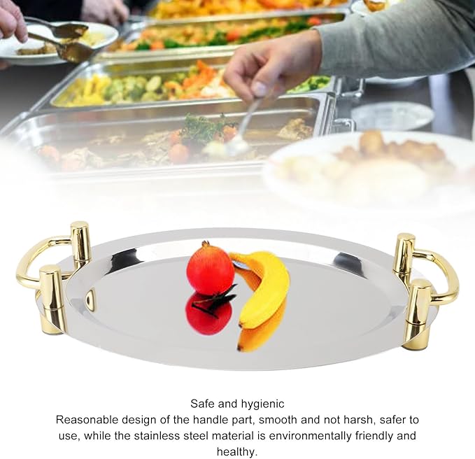 Dioche Steel Serving Tray Stainless Steel Platter with Handle – Multifunction Portable Serving Tray for Restaurant & Hotel Buffet, Rectangle Shape, 47.5cm (Rectangle Shape with Gold Handle, 39cm)