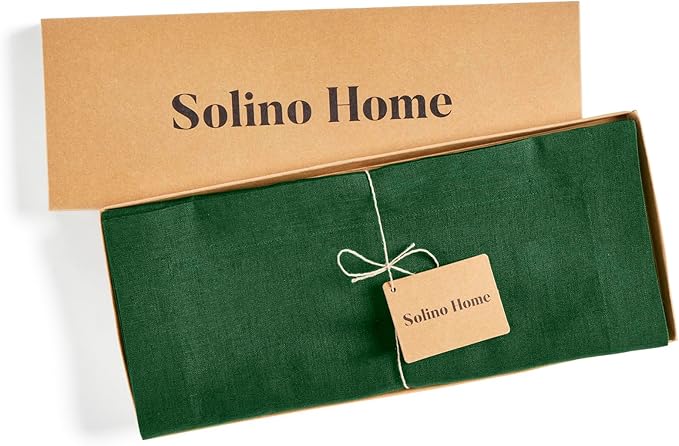 Solino Home Linen Pine Green Table Runner 120 Inches Long - 100% Pure Linen 14 x 120 Inch Table Runner for Christmas, New Year - Fete