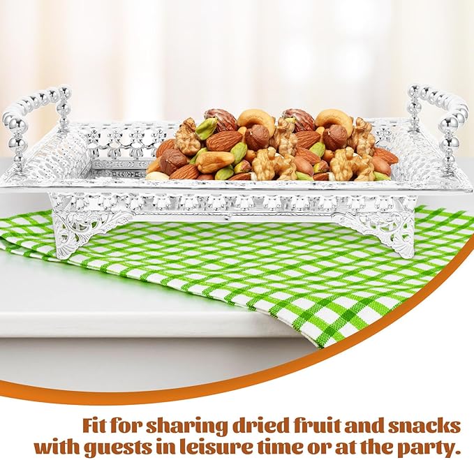 Luxshiny Silver Metal Fruit Tray with Glass Base, Nordic Style Beaded Handle Decorative Snack and Dessert Serving Plate for Home, Hotel, and Party Use