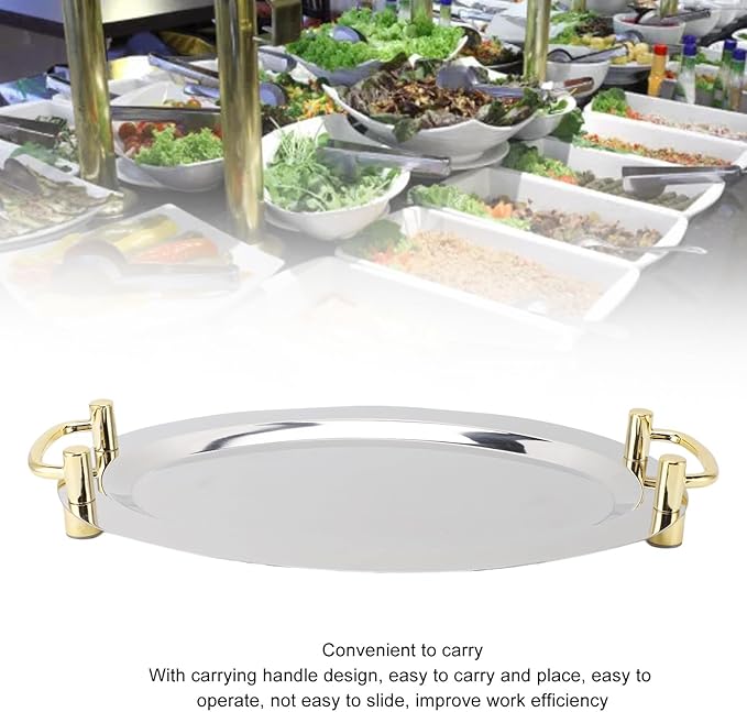 Stainless Steel Serving Tray, Multifunction Portable Metal Serving Tray with Handle, Buffet Serving Snack Tray for Coffee, Desserts, Cakes, (Round Shape with Gold