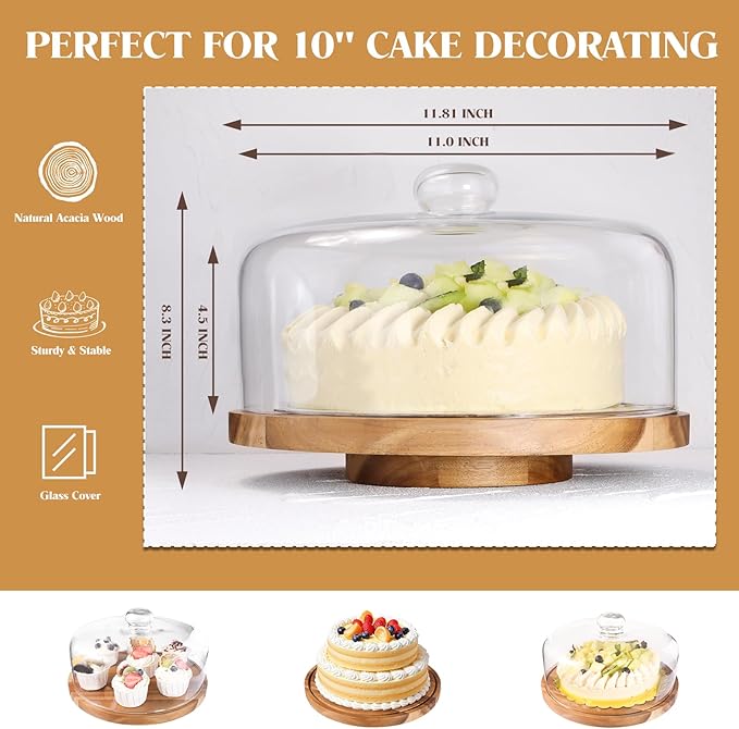 Glass Rotating Cake Stand with Lid - 12" Acacia Wood Cake Plate with Dome, Includes 2 Extra Cake Boards - Cake Holder for Wedding, Birthdays, Kitchen, Party Display, Charcuterie Tray
