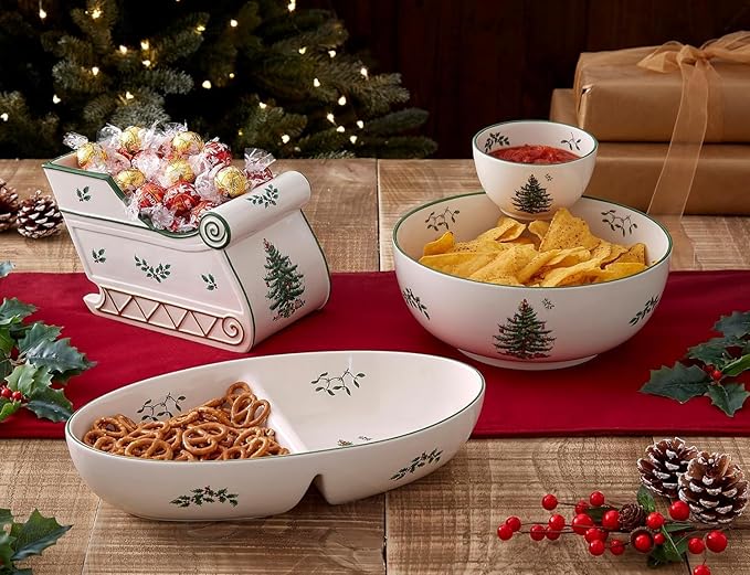 Spode Christmas Tree Tiered Chip and Dip Serving Set - 2-Piece Festive Snack Platter - Iconic Christmas Tree Motif - Porcelain, Dishwasher, Microwave, Freezer Safe - Holiday Serveware