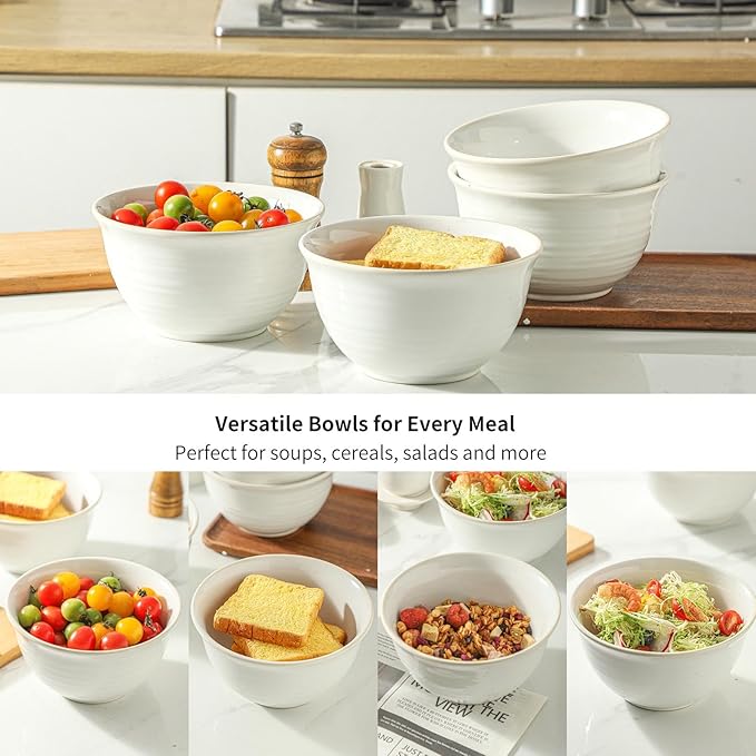 Cereal Bowls Set of 4, 40 Ounce Serving Bowls for Soup Salad Pasta Popcorn Oatmeal Breakfast, Durable Deep Ceramic Bowls, Microwave Safe & Dishwasher Safe, White