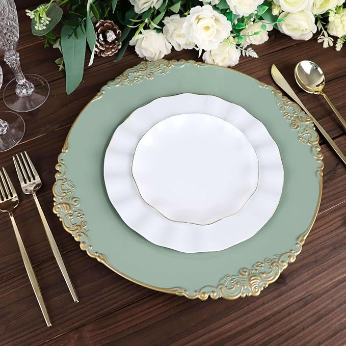 13" Charger Plates -Set of 12 - Acrylic Dusty Sage Green Round Baroque Disposable Chargers Leaf Embossed Rim, Ideal for Dinner Party Wedding Bulk Events