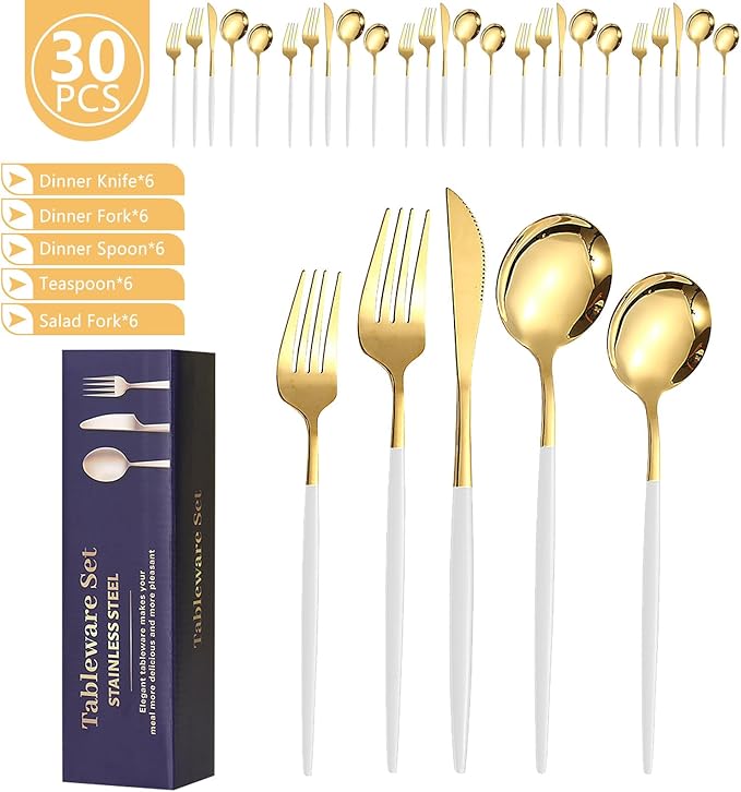 Kawlity Stainless Steel Serving Flatware Durable White & Gold Polished Knives Spoon Forks 30 Pcs Utensil Dinner Tableware, for Kitchen Dishwasher Adults and Children Ideal Gift