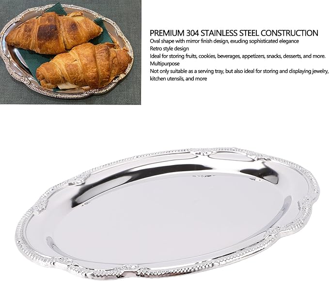 Stainless Steel Oval Platter, Silver Serving Tray, Floral Engraved Decorative Metal Plates Appetizer Platter Mirror Trays for Wedding Birthday Party Snack Fruit Cake (24CM)