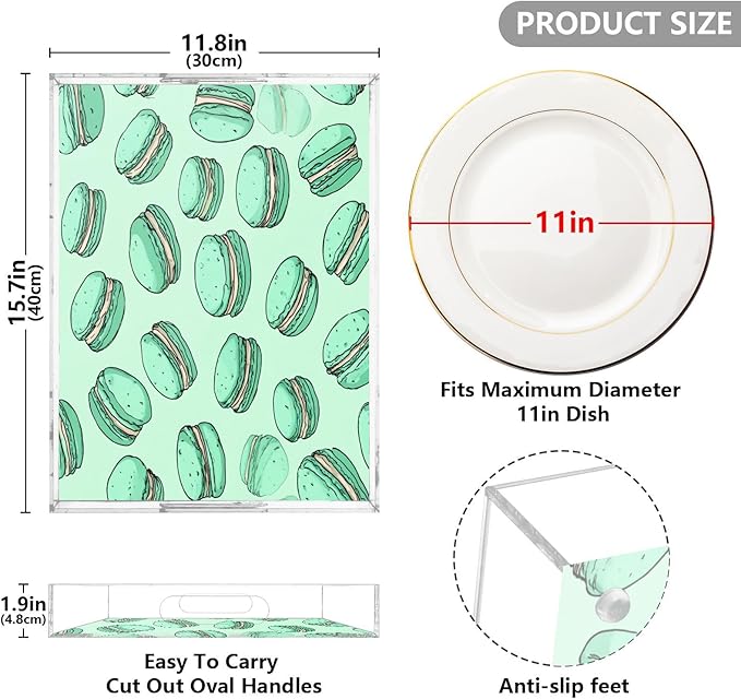 Serving Tray with Handles Clear Acrylic Tray 12x16 Inch Decorative Rectangular Tray Organizer for Ottoman Coffee Table Bathroom Mint Green Cute Macarons