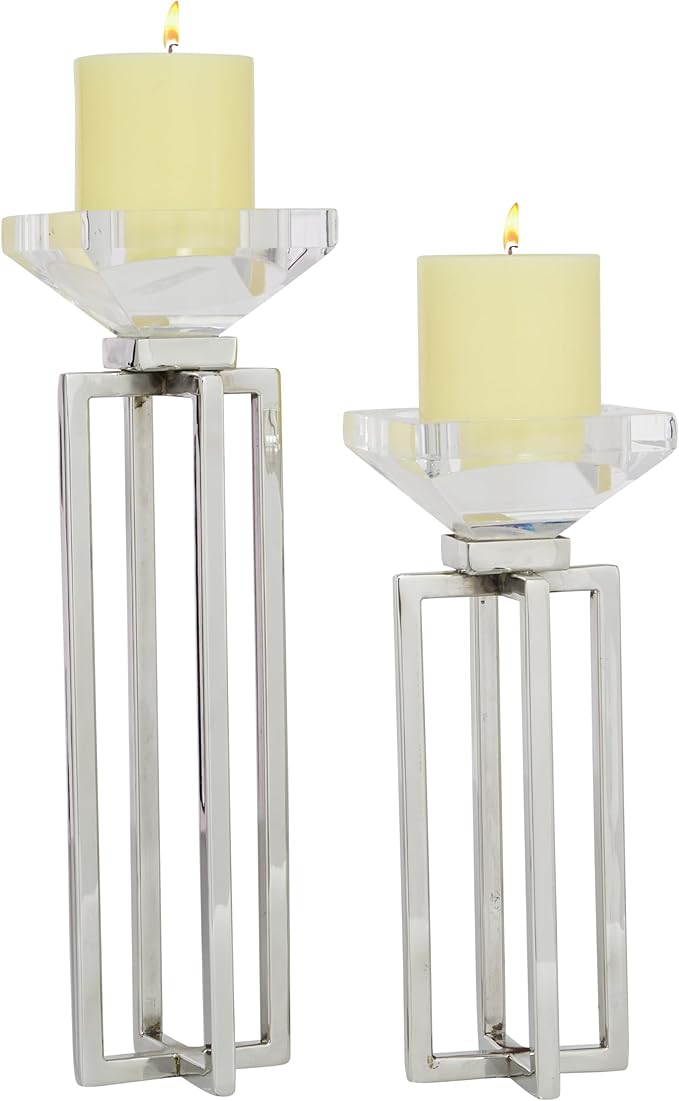 Deco 79 Stainless Steel Metal Geometric Decorative Candle Holder Candle Stand with Diamond Inspired Top, Set of 2 Candlestick Holder 10", 13"H, Silver