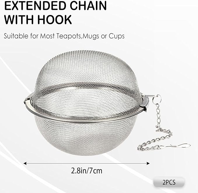 2-Pack 304 Stainless Steel Mesh Tea Infuser with Extended Chain Hook – Perfect for Brewing Loose Leaf Tea, Spices & Seasonings (Diameter 2 inches)