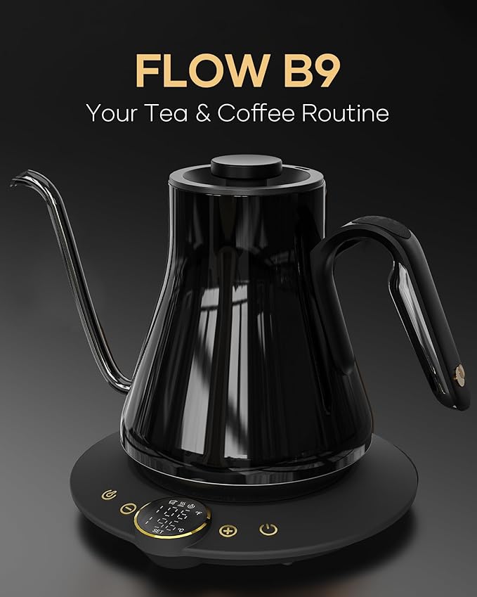 Cocinare FLOW B9 Gooseneck Electric Kettle, Precise Temperature Control for Pour-Over Coffee & Tea Brewing, Stainless Steel Interior, Rapid Heating for Boiling Water 0.9L (Gustav Gold)