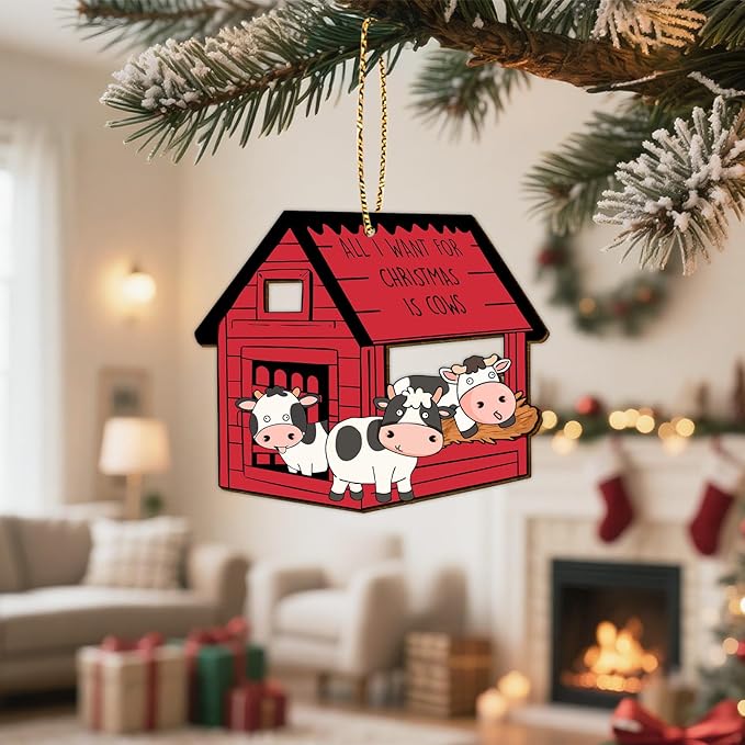 34HD Cow Barn Christmas Ornament 2025 – Wooden 2-Layered Hanging Xmas Tree Ornament Decoration, Funny Farm House Decor and Christmas Keepsake Gifts for Cow Lovers and Women