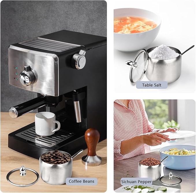 2 Pieces Stainless Steel Sugar Bowl with Lid and Spoon, 8.45 Oz/250 ML Sugar Container for Coffee Bar, Salt Bowls for Countertop Kitchen Storage Pepper Seasoning Coffee Bean Candy Spices, (Silver)