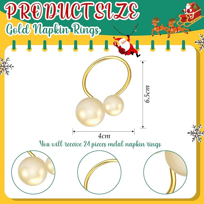 Sliner 100 Pcs Pearl Napkin Rings, Gold Table Napkin Holder Buckles for Dinning Table Setting Christmas Wedding Party Supplies