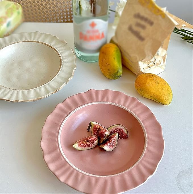 Plates Ceramic Lace Dining Plate Home Dinner Deep Plate Restaurant Cafe Dessert Plate Salad Disc Solid Color Flat Plate Simple Ceramic Disc Side Plate(Pink), ZCL2024