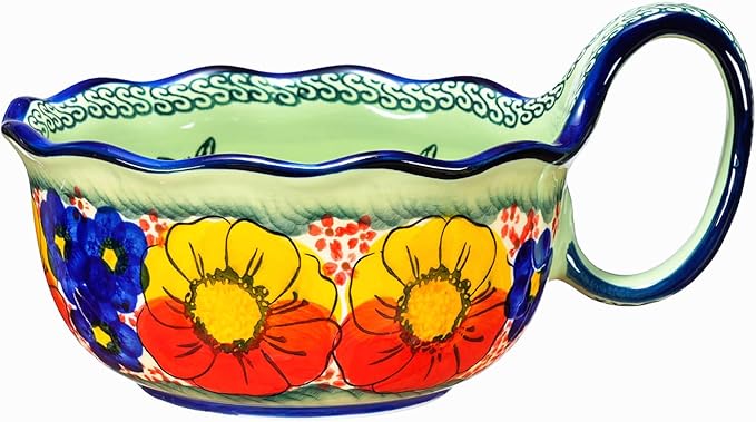 silesia Handmade Ceramic Soup Bowl, 30 oz Hand Painted Bowl with Loop Handle, Floral Design Cereal Bowl for Soup, Ice cream, Snack, Microwave & Dishwasher Safe (Glazed Green)
