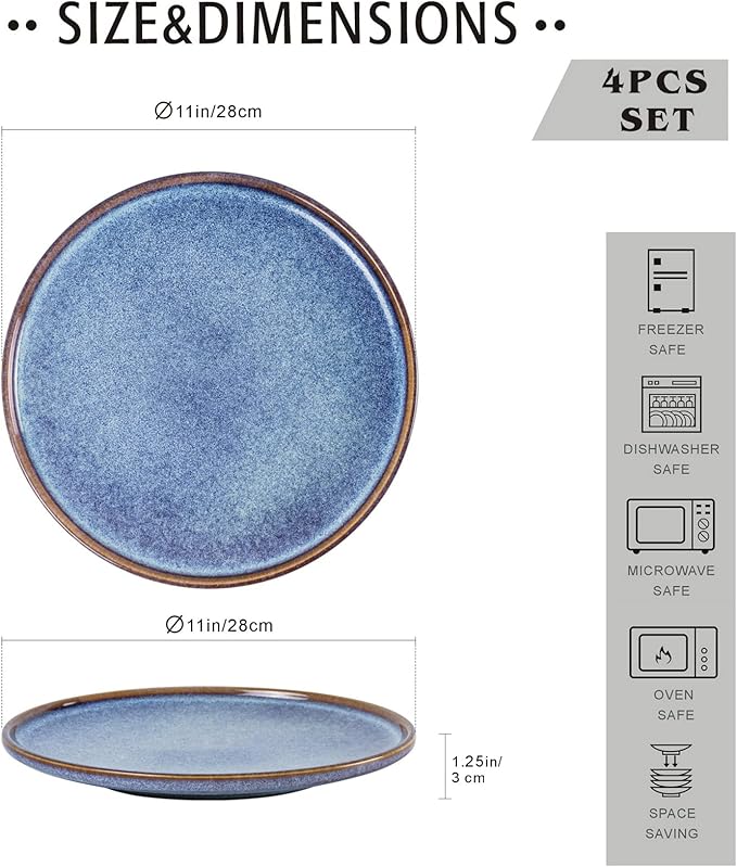 UNICASA 11 Inch Ceramic Dinner Plates Set of 4 – Large Blue Plates for Dinner, Salad, Dessert & Pasta, Durable Serving Dishes, Microwave & Dishwasher Safe
