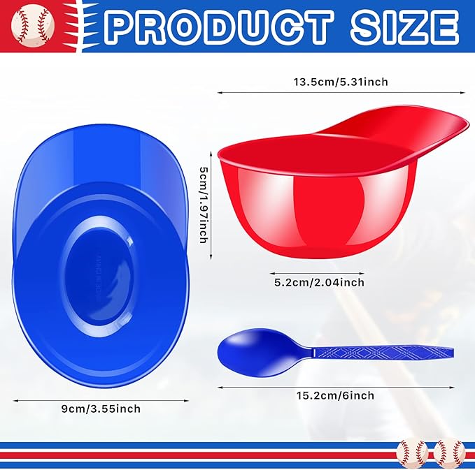24 Pack Baseball Helmet Ice Cream Bowls with Spoons,8 oz Plastic Baseball Helmet Snack Dessert Bowl,Mini Baseball Cap Bowls for Ice Cream Party Supplies Birthday (Red,Bule)