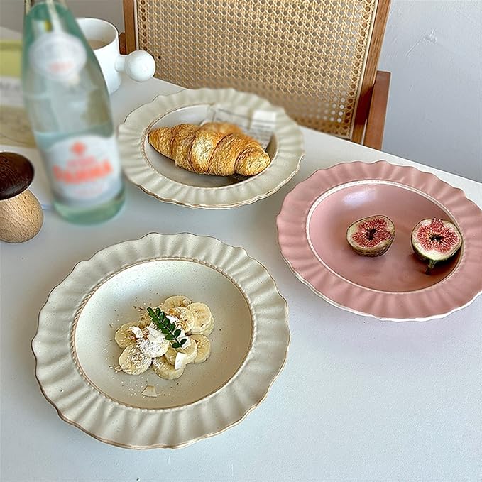 Plates Ceramic Lace Dining Plate Home Dinner Deep Plate Restaurant Cafe Dessert Plate Salad Disc Solid Color Flat Plate Simple Ceramic Disc Side Plate(Pink), ZCL2024