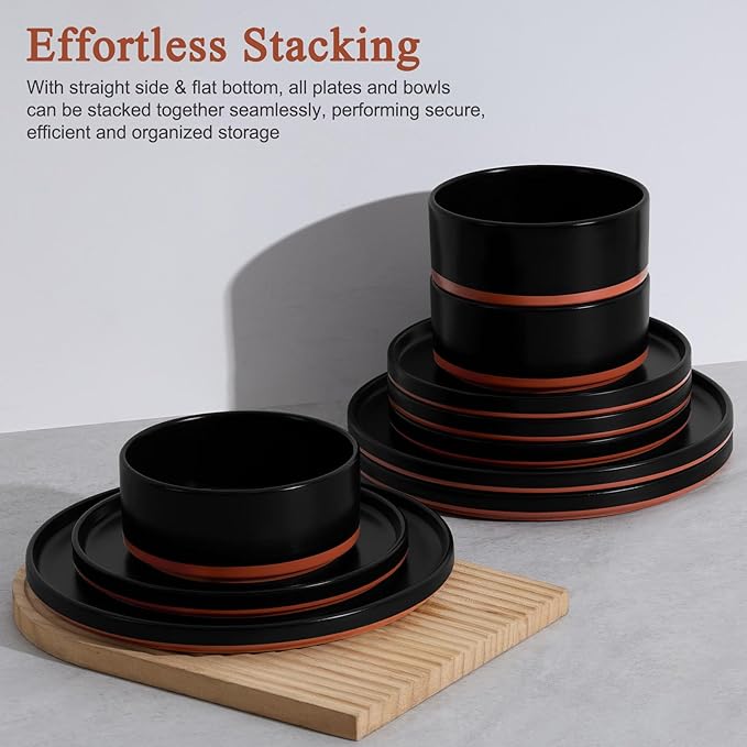 LIANYU 24 Piece Dinnerware Sets for 8, Modern Style Stoneware Dinnerware Set, Scratch Resistant, Dishwasher Safe Bowl and Plate Sets, Ceramic Dish Dinner Set, Charcoal Black