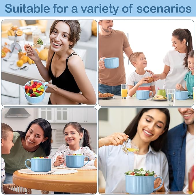 Nuenen 2 Pcs Soup Bowls with Lids and Handles 30 oz Microwave Safe Ceramic Soup Mug Microwavable Ramen Containers with Lids Large Colorful Cups for Noodle Cereal kitchen (Baby Blue)