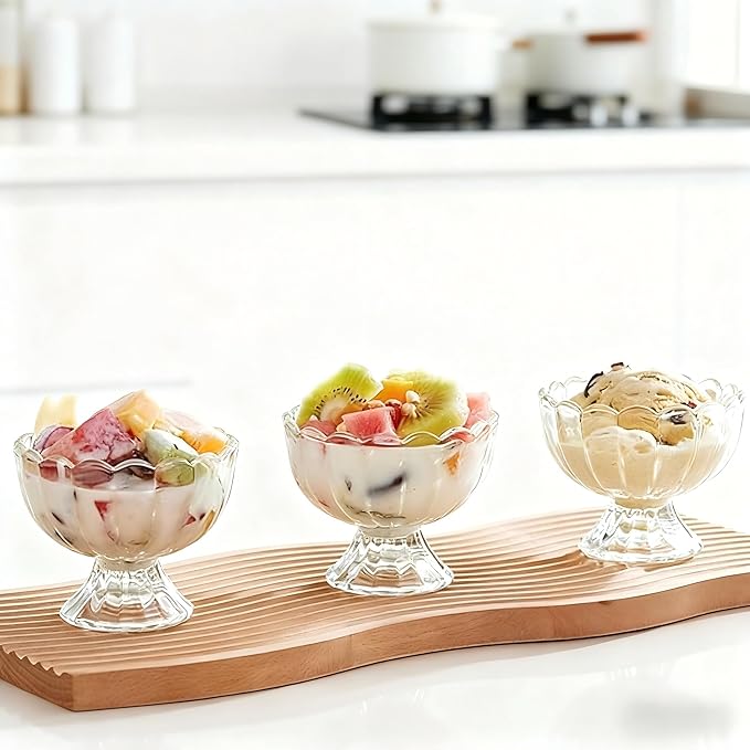6 Pack 5oz Glass Ice Cream Bowls Set, Thickened Clear Dessert Cups with Heavy Base, Scalloped Pedestal Bowls for Sundaes, Parfaits, Fruits & Snacks, Elegant Reusable Design