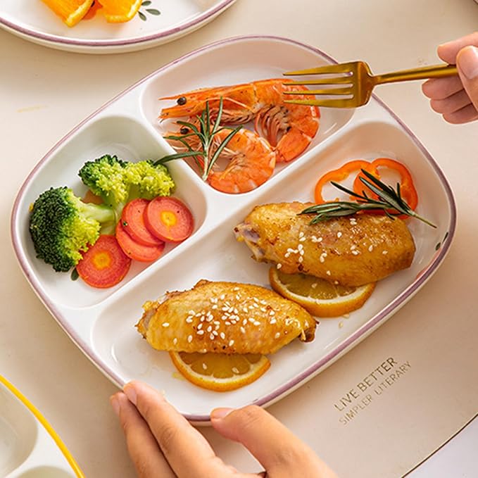 Divided Plates with 3 Compartment 8.3x7.3x1 Square Floral Pattern Ceramic Portion Control Plates for Adults & Kids, Home, School, Kindergarten Christma