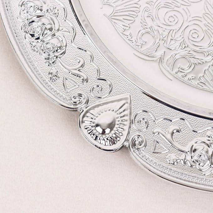 Efavormart 6 Pack Silver Floral Embossed Acrylic Charger Plates With Scalloped Rim, 13" Round Plastic Decorative Serving Plates