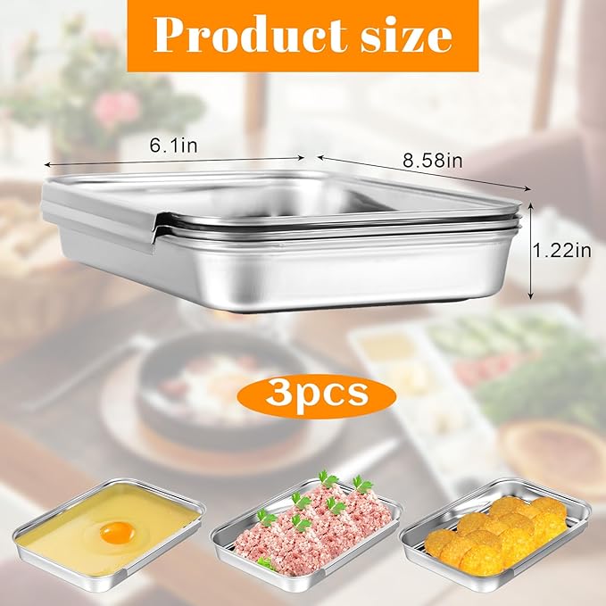 Breading Trays Set of 3 Dredging Trays for Cooking, Stainless Steel Breading Pans Set for Marinating Meat, Chicken, Fish, Food Prep Tray