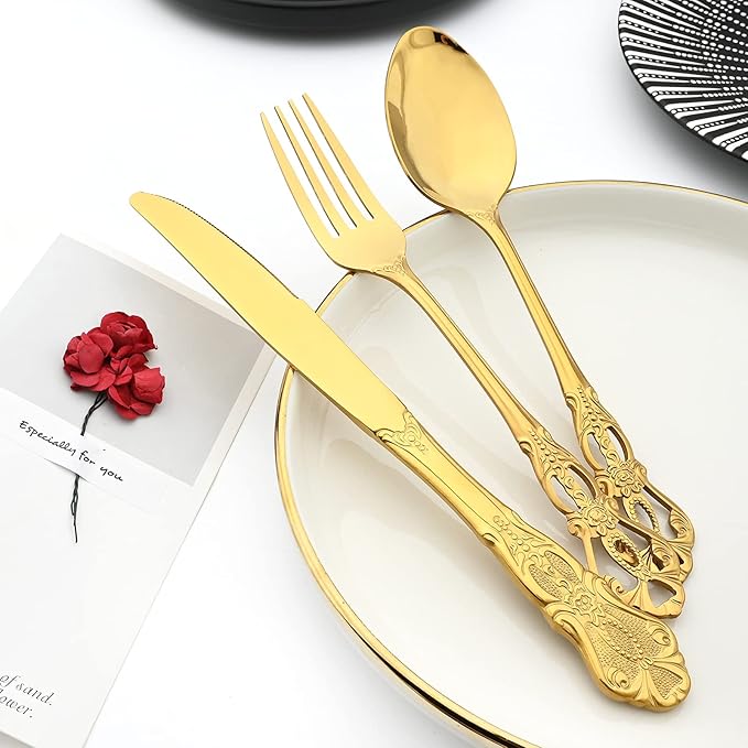 Elegant 32-Piece (4 Set) Retro Flatware Set, Stainless Steel Cutlery Set - Complete Eating Tableware Serving Set, Dishwasher Safe, Shiny Mirror Polish (Gold)