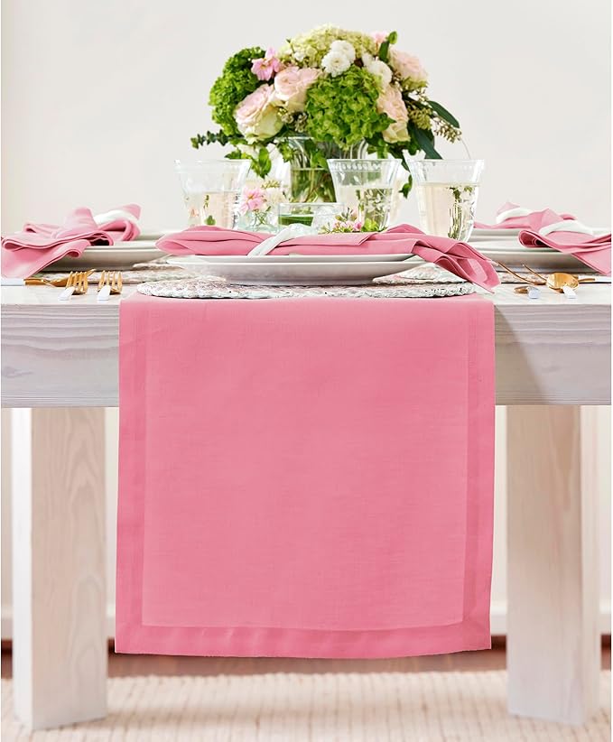Solino Home Linen Table Runner 108 Inches Long - 100% Pure Linen Pink Carnation Table Runner 14 x 108 Inch for Christmas - Fete