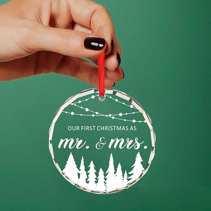 Wedding Gifts for Newlywed Couple Bridal Shower Gifts for Bride 1st Christmas Married Mr and Mrs Gift Just Married Gift for Her Christmas Tree Decoration Glass Round Ornament