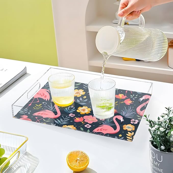 Serving Tray with Handles Clear Acrylic Tray 12x16 Inch Decorative Rectangular Tray Organizer for Ottoman Coffee Table Bathroom Flower and Flamingo Black