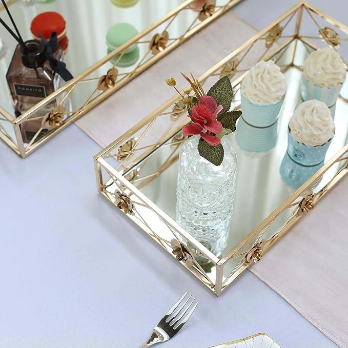 Efavormart Set of 2 Gold Metal Decorative Serving Trays Floral Bordered Rectangle Mirror Trays - 19"x12" / 15"x8"