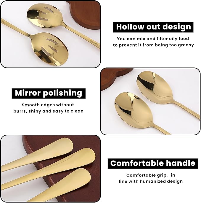 6 Pcs Gold Serving Utensils Set, 8.7 Inch Stainless Steel Gold Serving Spoons, Includes 3 Spoon and 3 Slotted Spoon, Buffet Banquet Large Utensils Cutlery Set, Mirror Polished, Dishwasher Safe