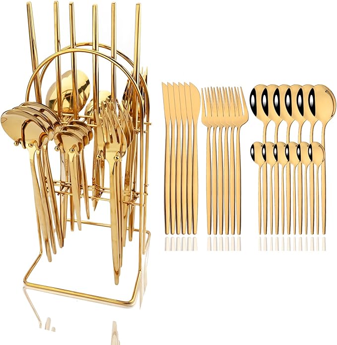JASHII 24-Piece Stainless Steel Flat Flatware Set for 6, Fork Spoon Knife Set Eating Utensils Tableware with Holder for Kitchens Home and Restaurant, Dishwasher Safe - Shiny Gold