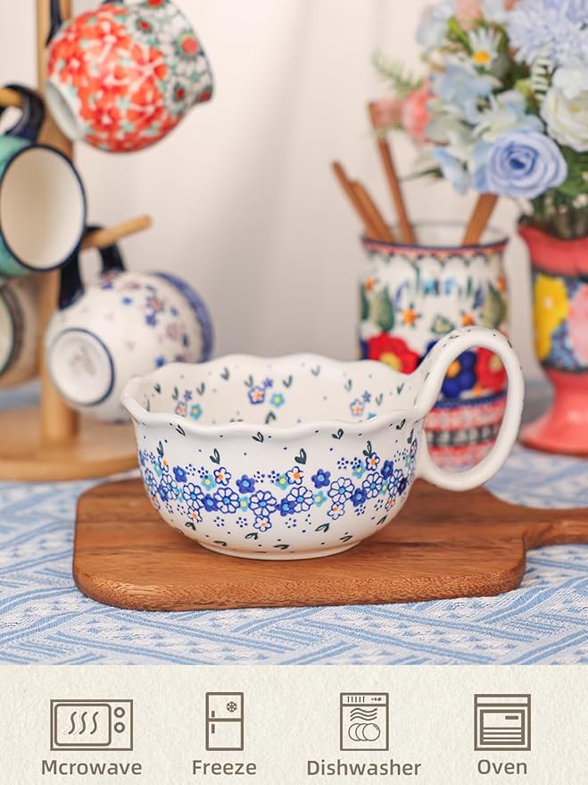 silesia Handmade Ceramic Soup Bowl, 30 oz Hand Painted Bowl with Loop Handle, Floral Design Cereal Bowl for Soup, Ice cream, Snack, Microwave & Dishwasher Safe (Forget Me Not)