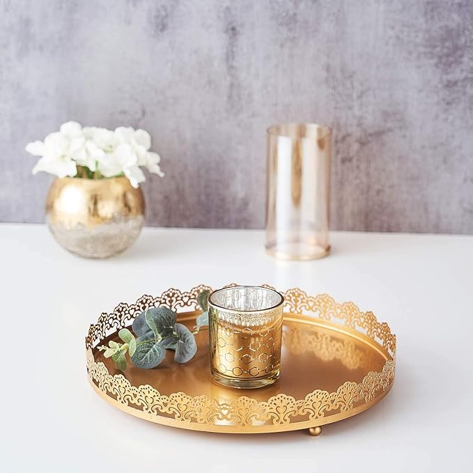Plastic Round Premium Decorative Serving Tray with Embellished Rims - Gold