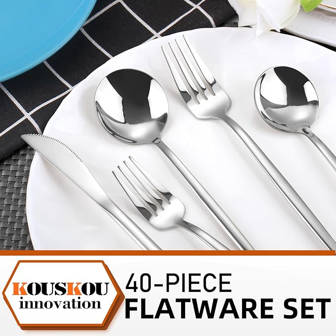 Mirror Silverware Set, 40-Piece Flatware Cutlery Set Service for 8, Mirror Polished Tableware Set, Utensils for Kitchens, Home and Restaurant, Dishwasher Safe