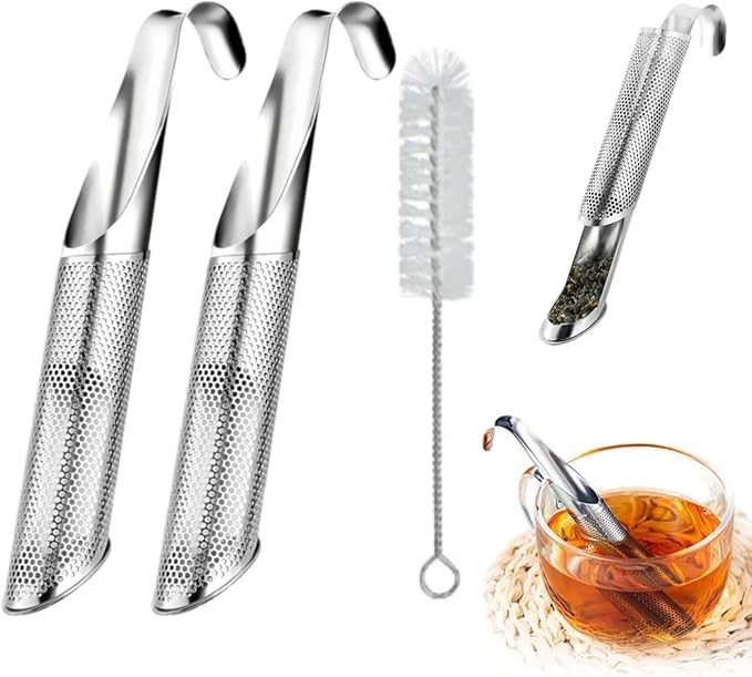 Stainless Steel Tea Diffuser, 2026 Upgrade Tea Pipe Tea Infuser Mesh Strainer with Hanging Hook Handle, Long Handle Tea Steeper Diffuser for Leaf Tea, Coffee, Spices, Seasonings - with Brush (2pcs)