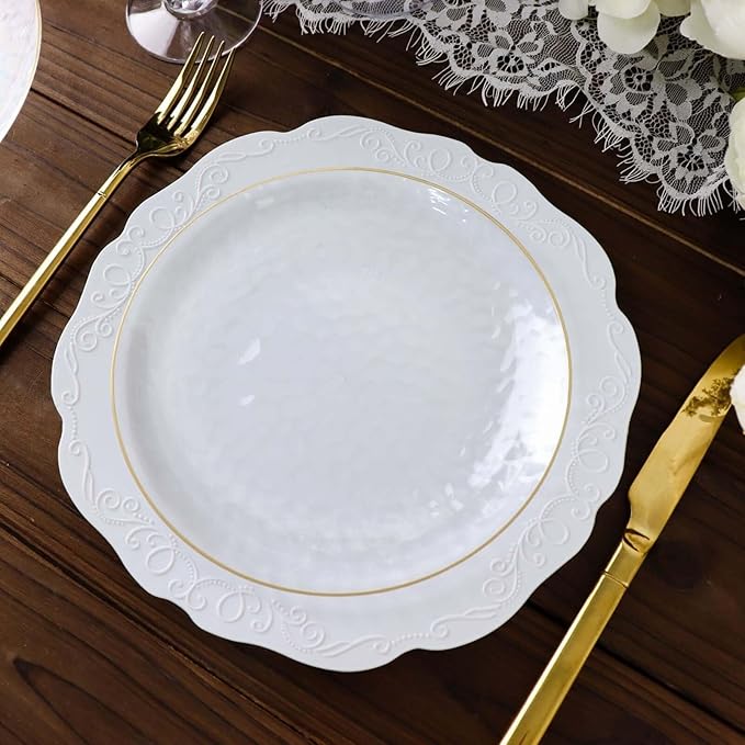 Efavormart 10 Pack | Clear Hammered 7" Round Plastic Dessert Appetizer Plates With Gold Rim, Disposable Salad Party Plate
