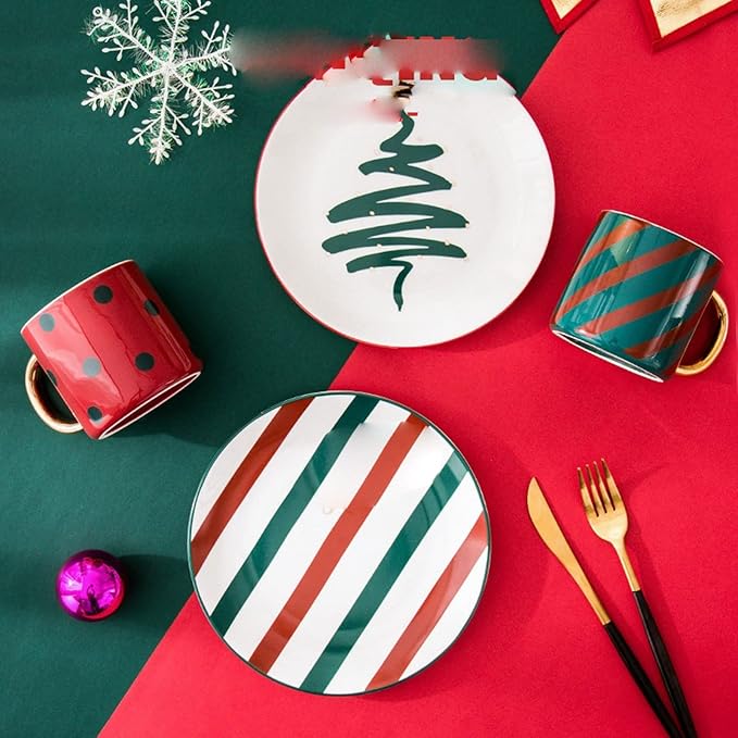 Plates Christmas Dinnerware Set Plates and Bowls Tableware Decoration Coffee Mugs Plates Set Ceramic Xmas Set Porcelain Plate(A)